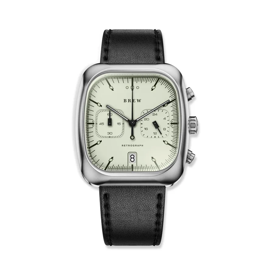 Brew Retrograph Lumint, mint-white luminous dial, on black leather strap