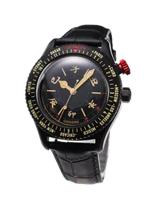 Undone Aero Chinese Hour Snake with black-coated case, Chinese hour dial, world-time bezel and red lock crown at 2 o'clock on a black strap