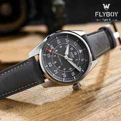 Wise Flyboy Type B FLB-11 in 904L steel, light grey dial, on grey leather strap