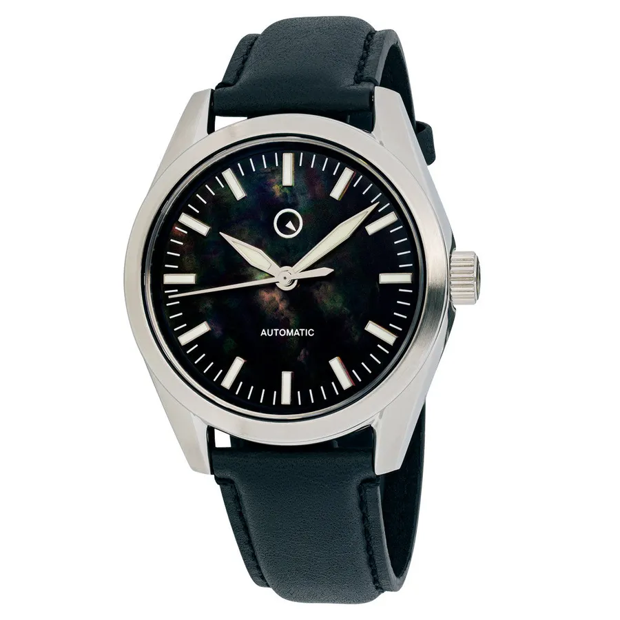 Islander automatic watch with black mother-of-pearl dial on black leather strap