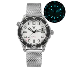 Watchdives WD007Q V2 with white wave dial and black ceramic bezel on the steel mesh bracelet