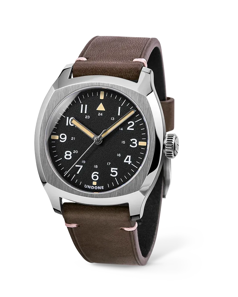 Undone Terra Daybreak with cushion steel case and black dial on a brown leather strap
