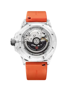 Undone Aquadeep K9 Crystal Silver caseback showing the NH70 skeleton movement through the crystal case