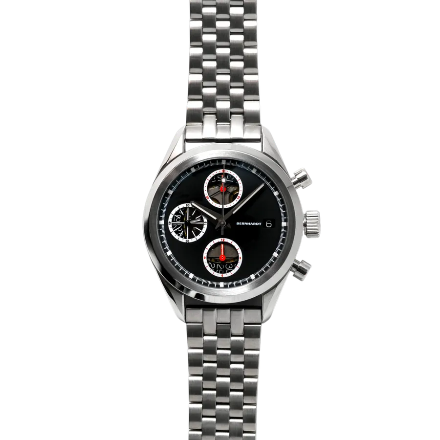 Bernhardt x Haven Shadowgraph chronograph, black dial with three translucent subdials and red hands, on steel bracelet