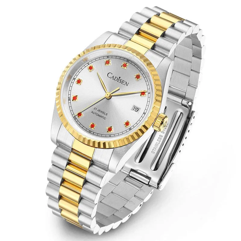 Cadisen C8223 two-tone automatic with silver dial, red stone markers, gold-tone fluted bezel and date at 3 on a president-style bracelet