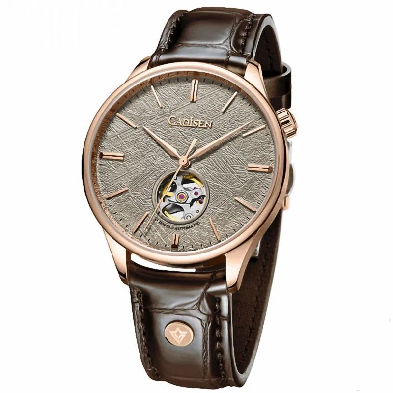 Cadisen C8187 open-heart automatic with grey meteorite-pattern dial in a rose gold-tone case on a brown leather strap
