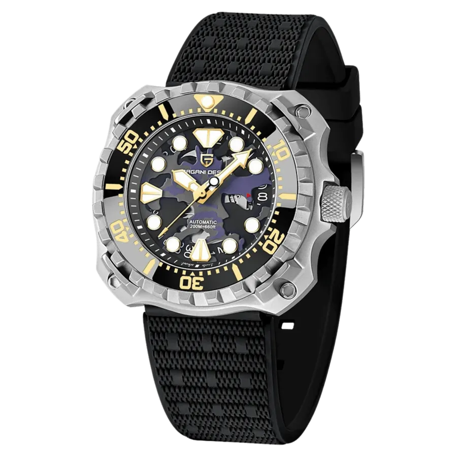 Pagani Design PD-YN009 cushion-shaped steel dive watch with dark camouflage cut-out dial, black 60-minute bezel and date at 3, on black rubber strap