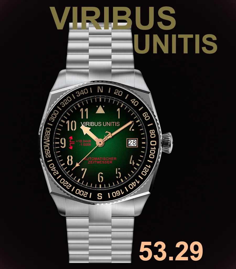 Viribus Unitis 53.29, titanium case, green-black gradient dial, compass bezel, on titanium bracelet