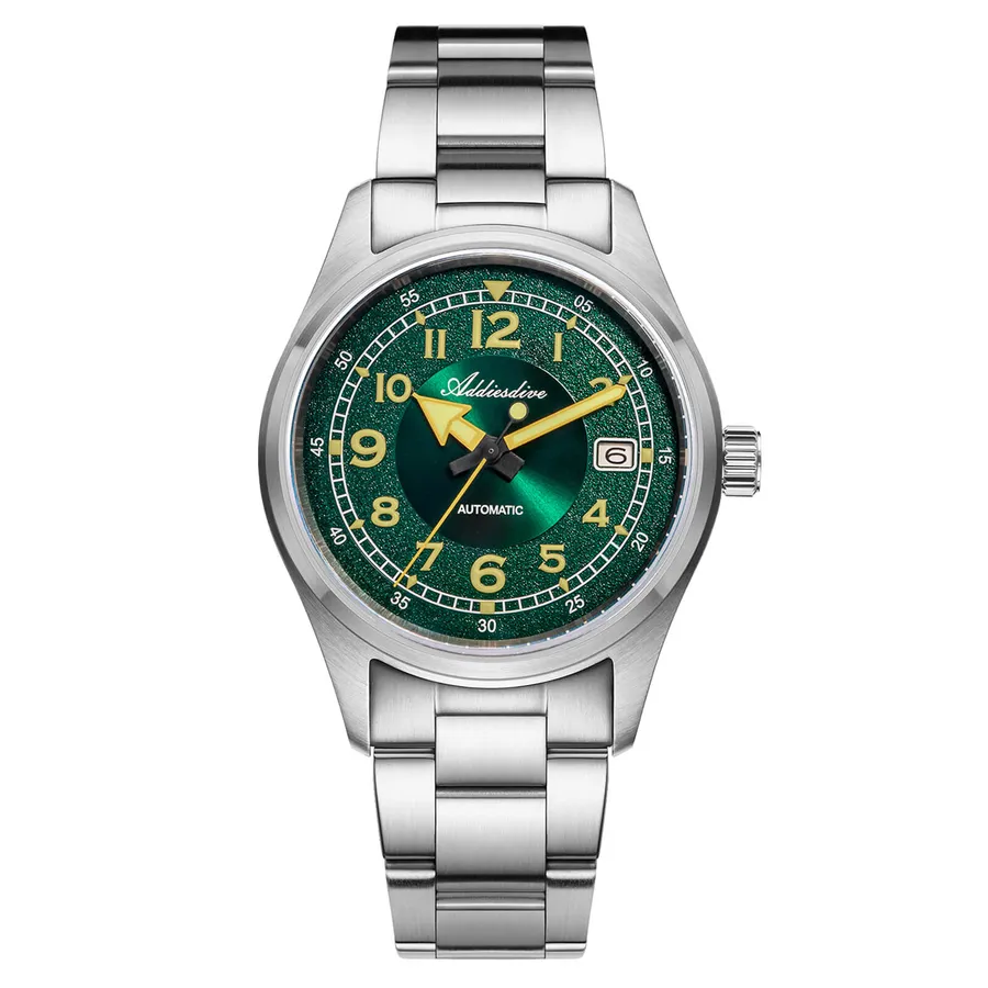 Addiesdive AD2055 with green dial and vintage-tone numerals on a three-link steel bracelet