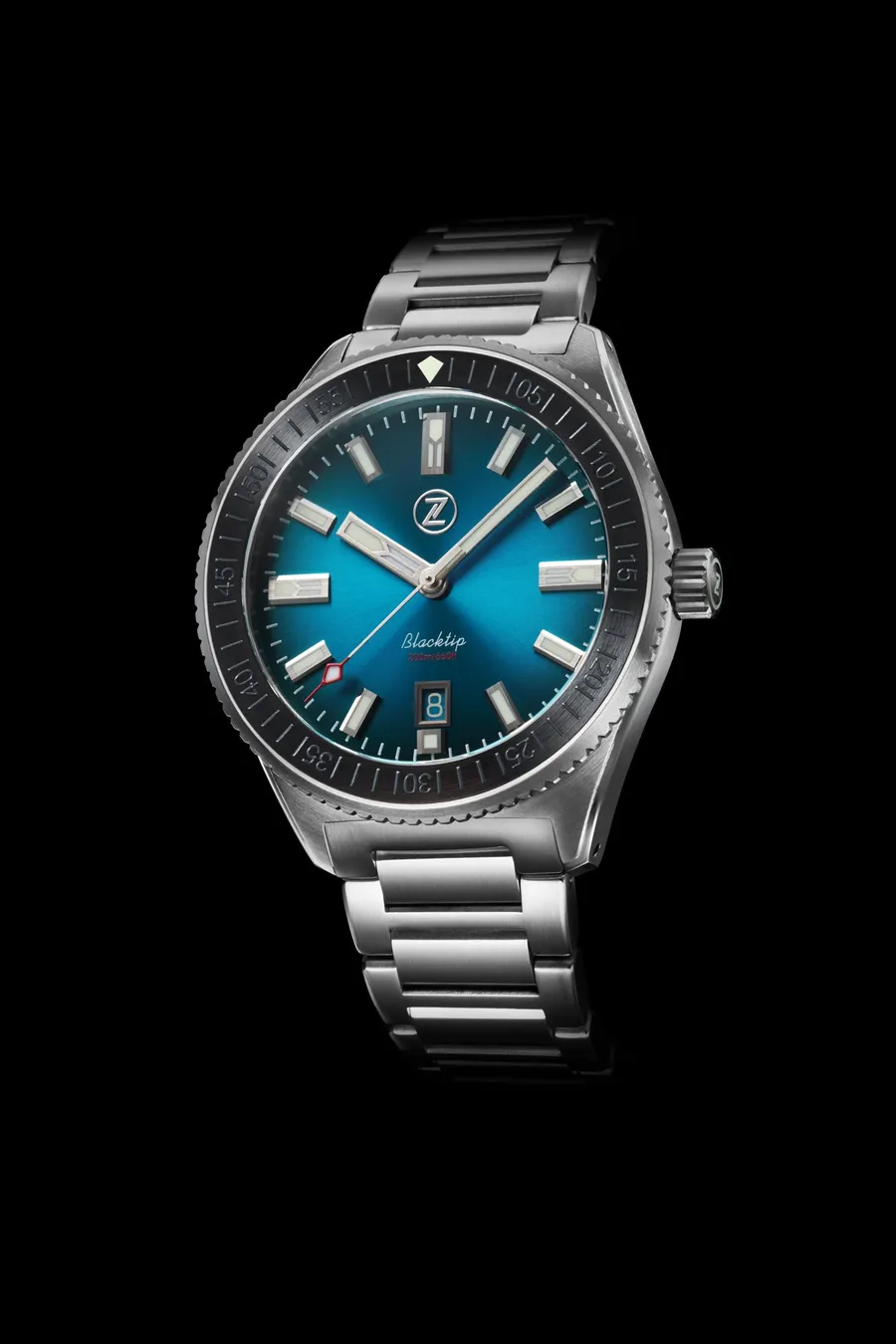 Zelos Blacktip 200m Diver, teal fumé dial and black ceramic bezel, on steel bracelet