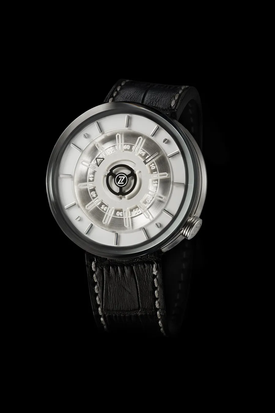 Zelos Cosmos Steel, lugless 45mm steel case, layered white and silver dial with sapphire rings and disc hands, on black leather strap