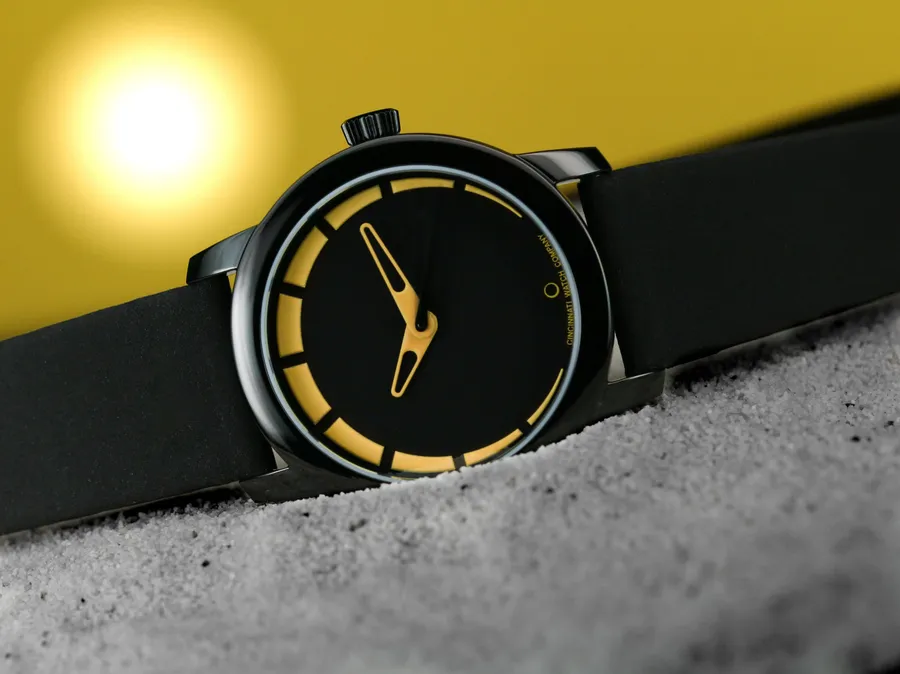 Cincinnati Watch Company Total Eclipse, black PVD case, velvet black dial with dark yellow hands and markers, on black strap