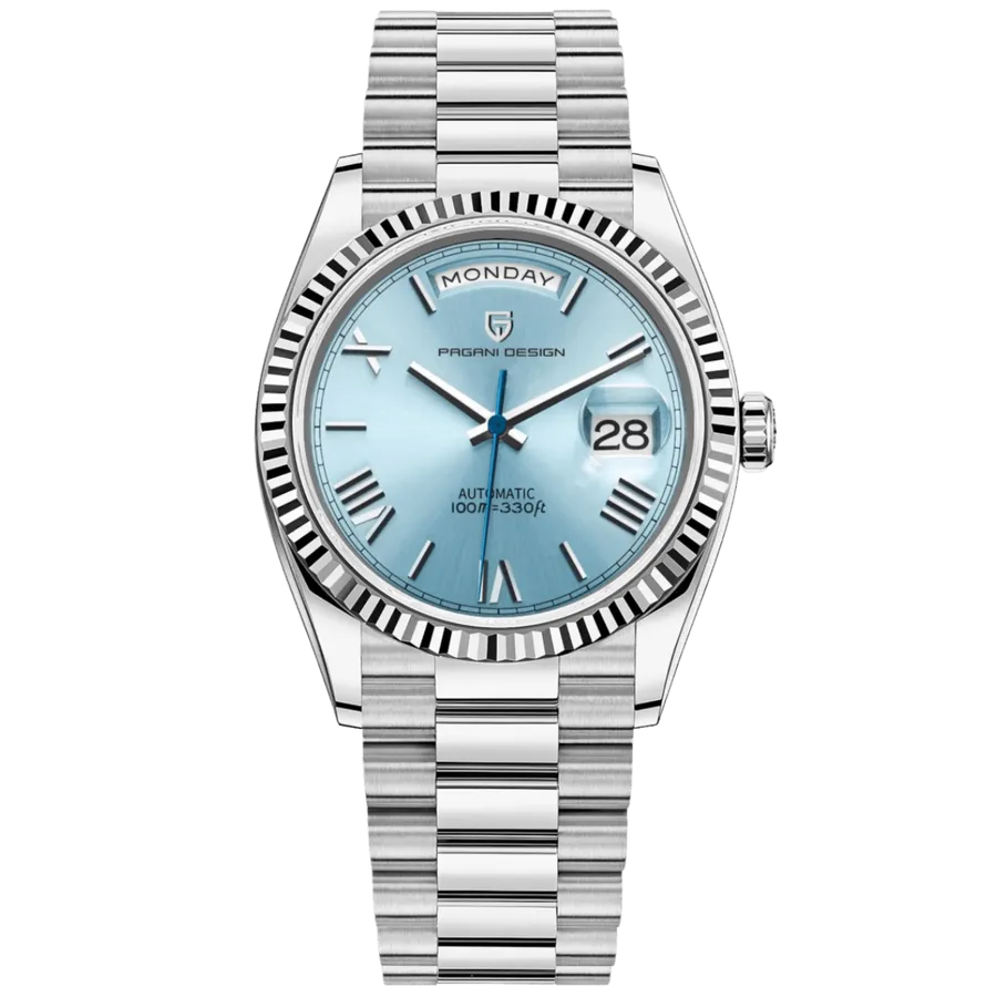 Pagani Design PD-1752 day-date with sky blue dial, fluted bezel and president-style bracelet