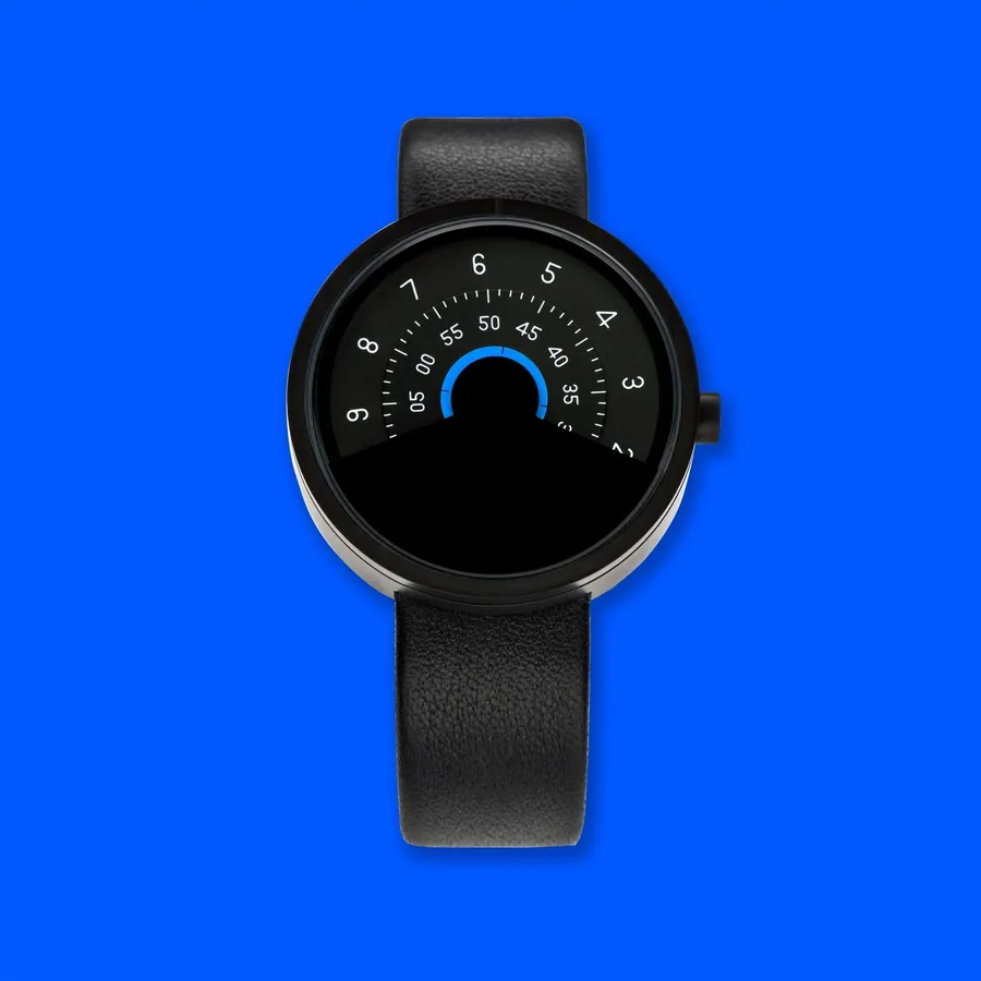 Anicorn Series 000 Black & Blue: concentric hour, minute and seconds discs on a black leather strap