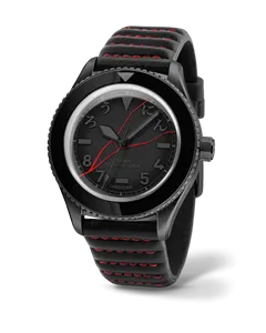 Undone Basecamp Ronin with black-coated case and black dial with red accents on a black leather strap with red stitching