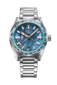 Zelos Blacktip 200m GMT MOP, mother-of-pearl dial and mother-of-pearl 24-hour bezel, on steel bracelet