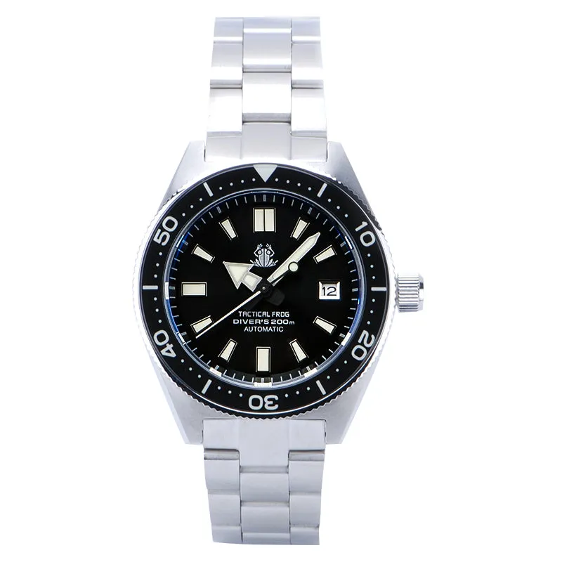 Tactical Frog 62MAS Diver with black dial and black ceramic dive bezel on steel bracelet
