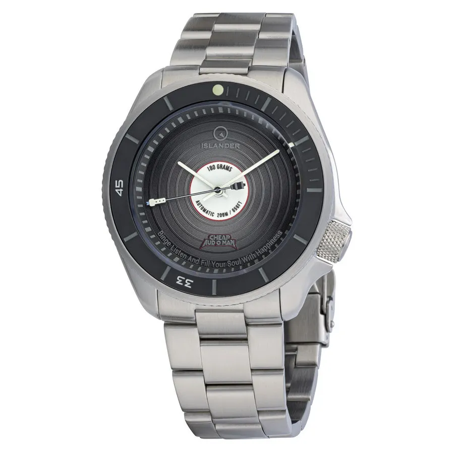 Islander x Cheap Audio Man Rocktopus with vinyl-record dial, tone-arm seconds hand and 33/45 bezel on brushed bracelet