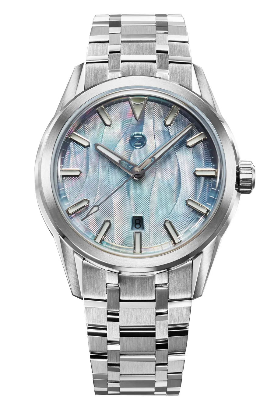 Zelos Helica 42 Wave MOP, light blue mother-of-pearl wave guilloché dial, on faceted steel bracelet