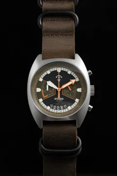 Pook Nitrogen II chronograph in steel with olive-khaki dial and white minute track on a brown leather strap