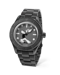 Undone Basecamp Popeye Mono with black-coated case, grey Popeye dial and black bezel on a black bracelet