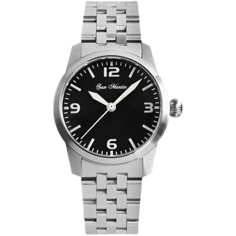San Martin SN022-G 38mm field watch with black dial and 12-3-6-9 numerals on five-link steel bracelet
