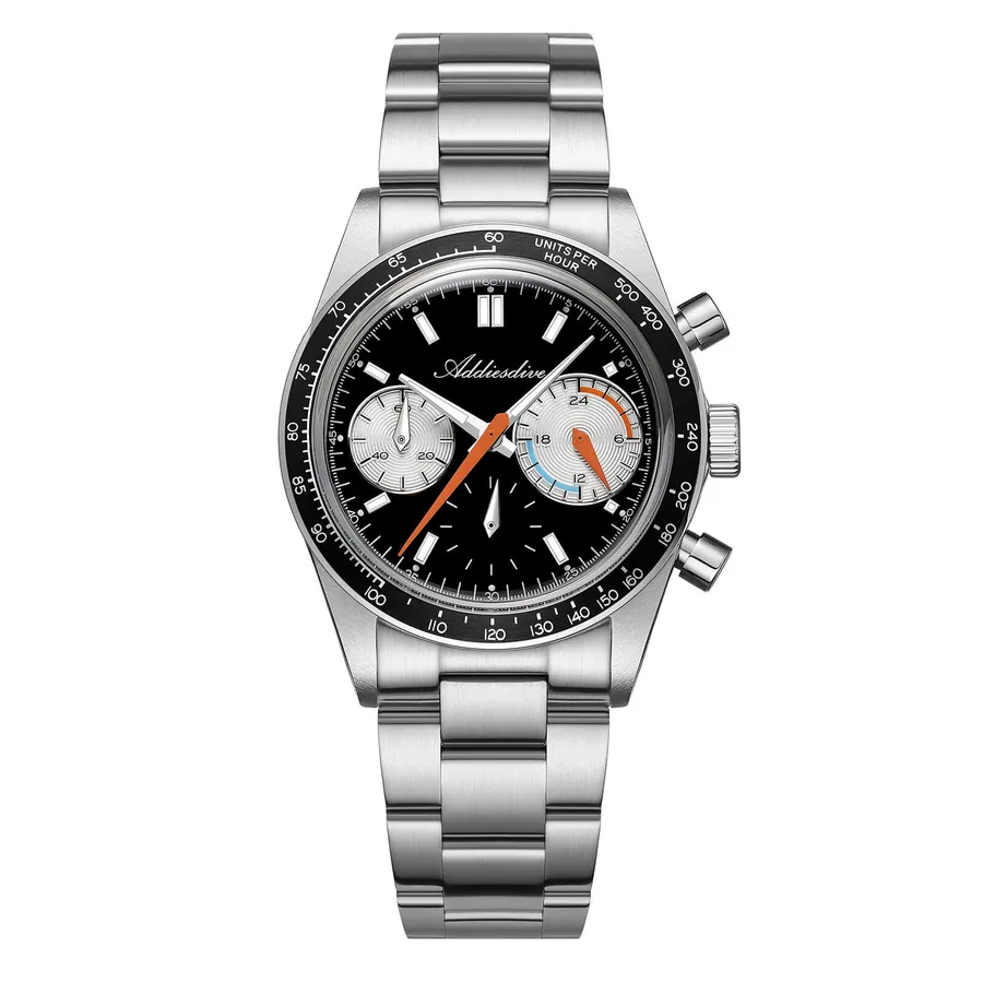 Addiesdive AD2539 racing chronograph with black dial, silver sub-dials, black tachymeter bezel and three-link bracelet