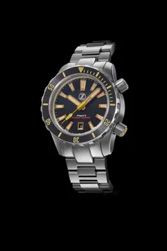Zelos Abyss 3 3000m Steel Black Sand, sand-textured black dial with gilt hands, black ceramic bezel, on bracelet