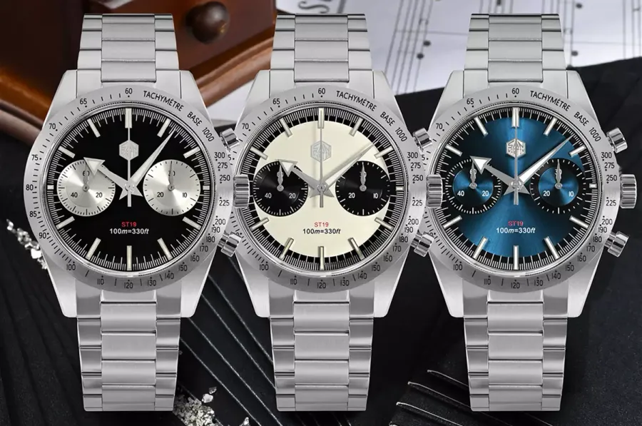 San Martin SN0103-G-JS chronographs with black, white panda and blue dials on steel bracelets