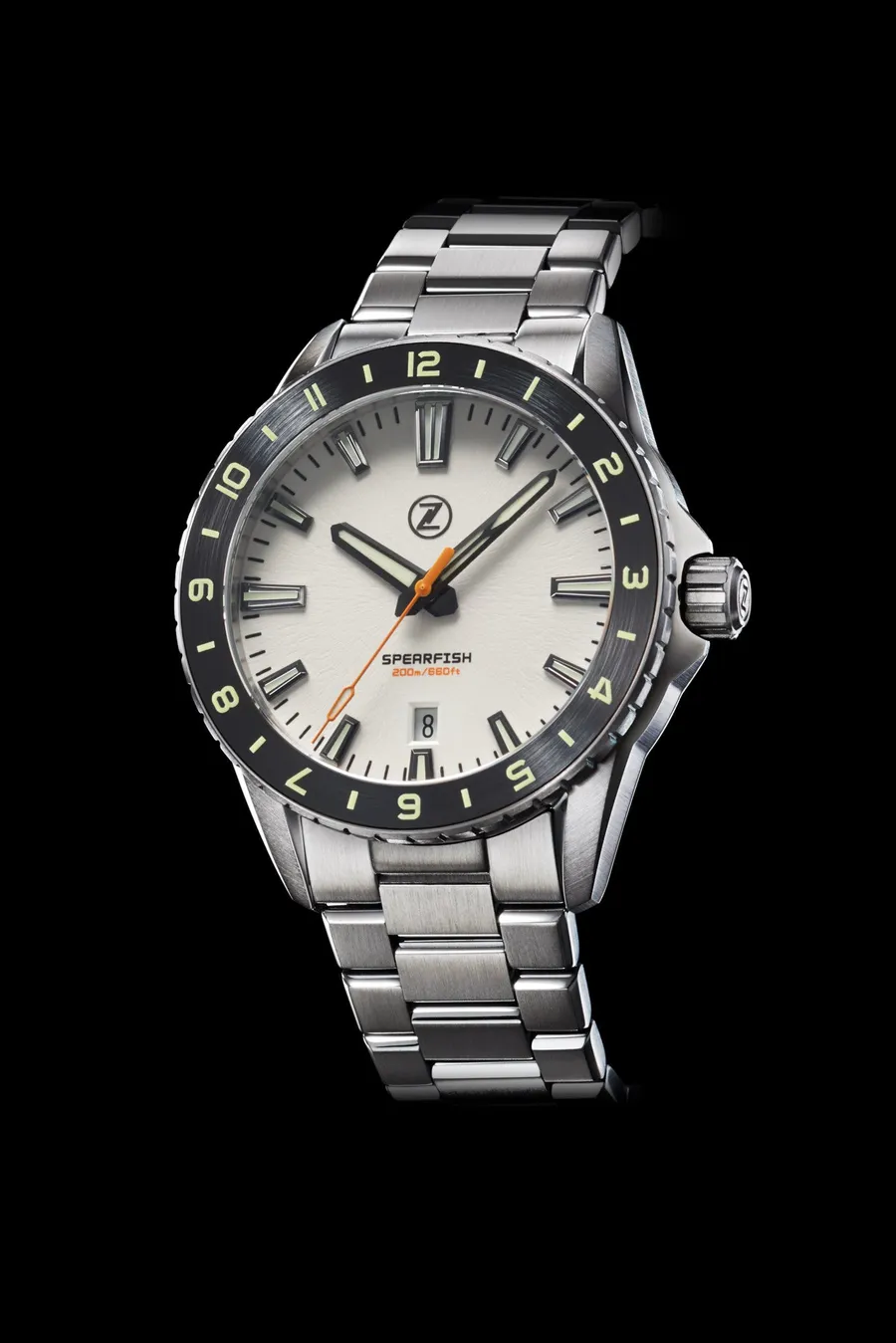 Zelos Spearfish 40mm 12Hr Frost, white dial and charcoal 12-hour ceramic bezel, on steel bracelet