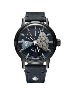 Undone hololive 6th fes. Color Rise Harmony Shirakami Fubuki watch with black-coated case and black and pale blue dial with her silhouette in white on a dark grey leather strap