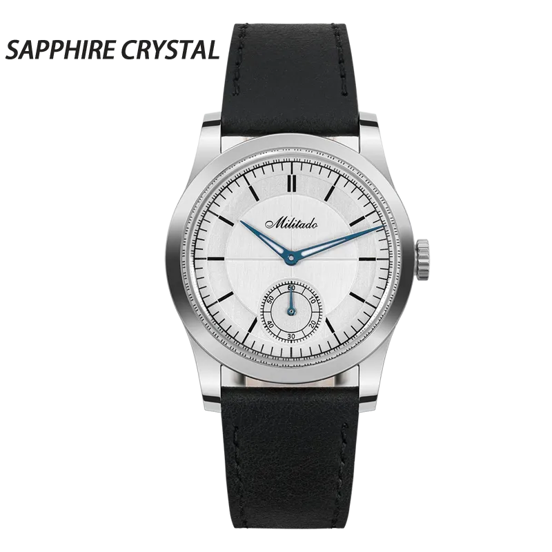 Militado ML09 (Sapphire) with white dial and blued sword hands on black leather strap
