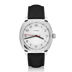 Fears Brunswick 40 Opaline Silver with silver dial, black numerals and red seconds hand on a black leather strap