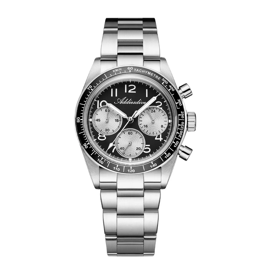 Addiesdive AD2543 chronograph with black dial, silver sub-dials, black tachymeter bezel and three-link bracelet