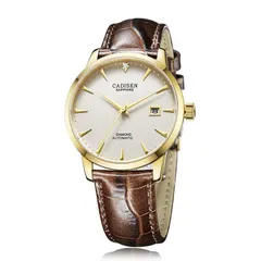 Cadisen C8097 automatic with white dial in a gold-tone case on a brown leather strap
