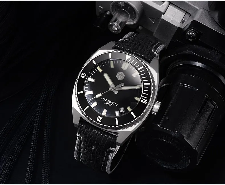 San Martin SN027-T1 titanium diver with black enamel dial, date window and lumed titanium bezel on shark leather strap