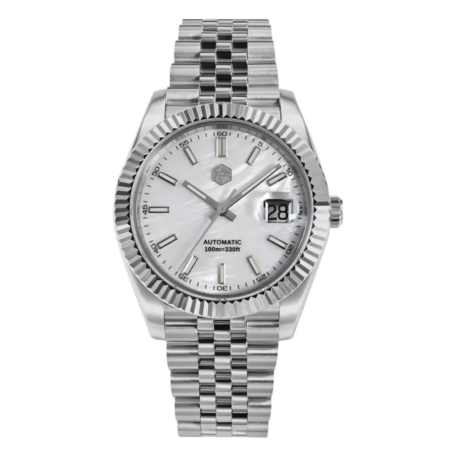 San Martin SN058-G 40.5mm with white mother-of-pearl dial, fluted bezel and cyclops date on jubilee bracelet