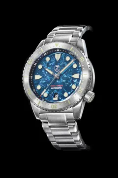 Zelos Mako V3 300m in steel, blue crystallised titanium dial, steel bezel, on steel bracelet
