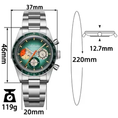 Addiesdive AD2551 dimension graphic (37mm, 46mm lug-to-lug, 12.7mm, 20mm, 220mm, 119g)