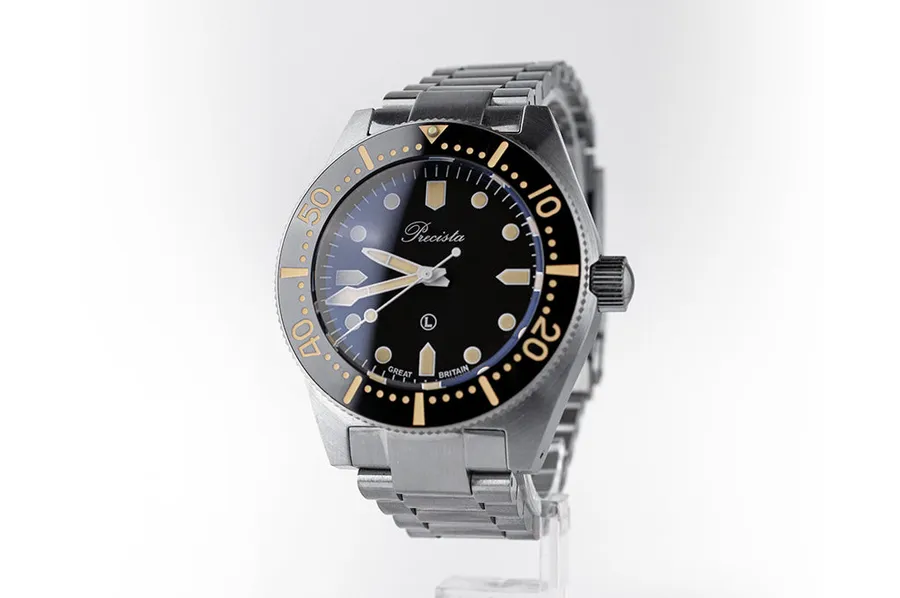 Timefactors Precista Royal Navy Diver PRS-82, black dial with snake-head hands and black ceramic bezel with Old Radium lume, on steel bracelet