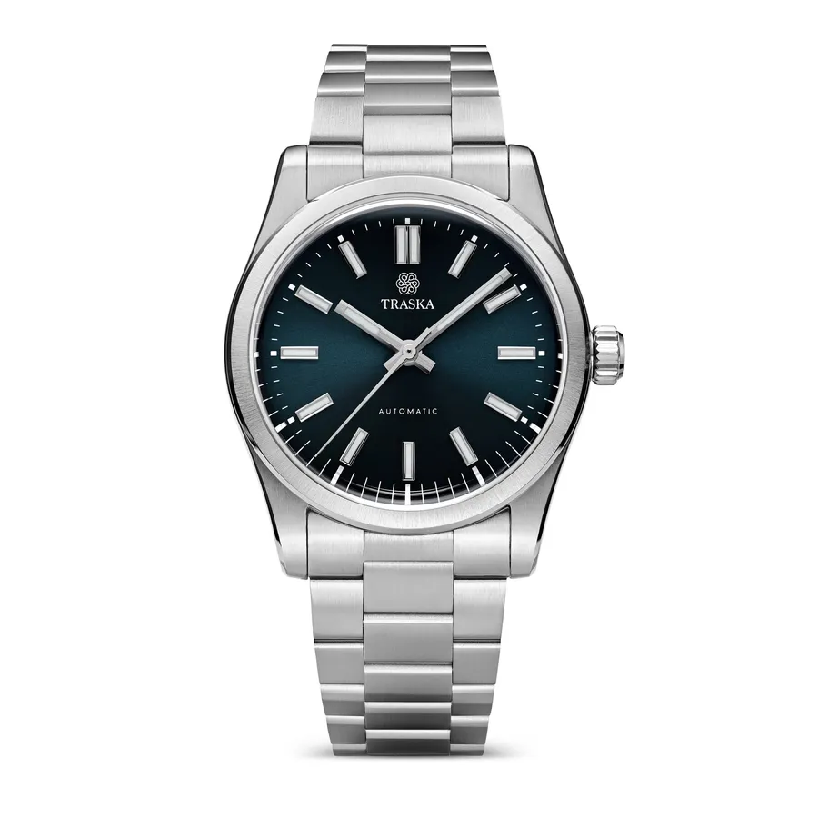 Traska Commuter 36, blue sunburst no-date dial, on bracelet, front view