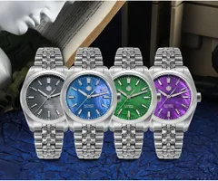 San Martin SN0144-GX-4 mother-of-pearl dials in black, blue, green and purple on 5-link bracelets