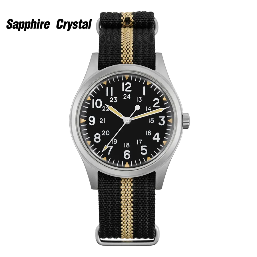 Militado ML07 (Sapphire) with vintage matte black dial on black strap with a khaki stripe