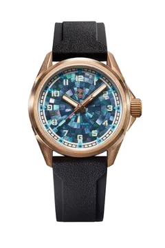 Zelos Swordfish Field 38mm in bronze, blue mosaic mother-of-pearl dial, on black rubber strap
