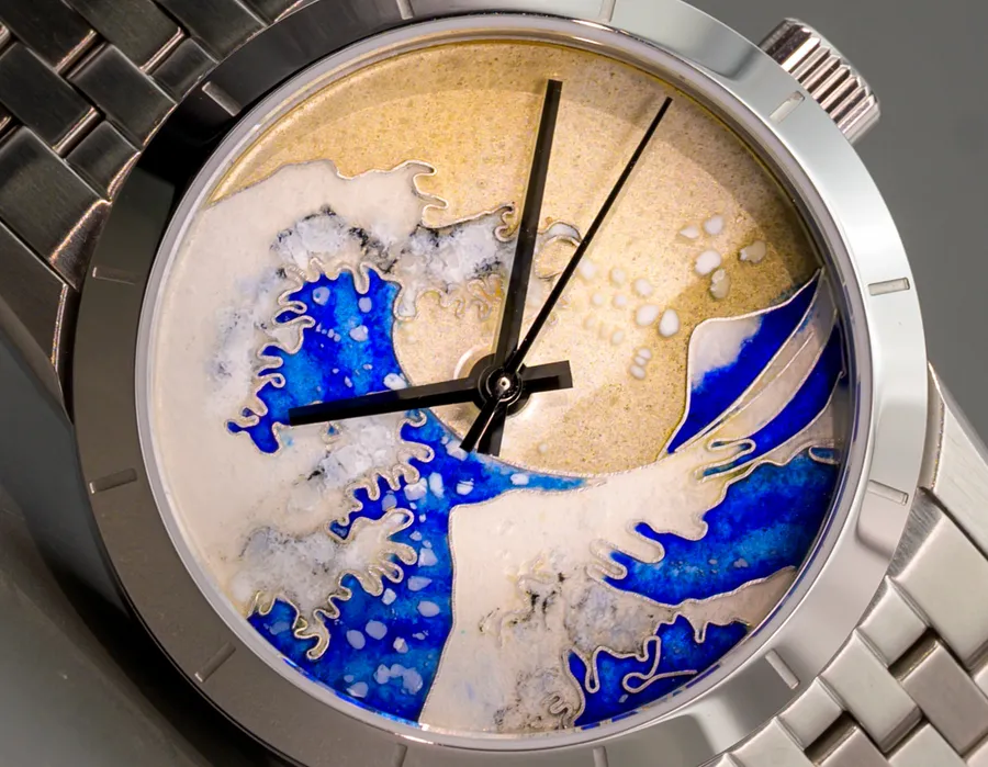 Cincinnati Watch Company The Great Wave, cloisonné enamel wave after Hokusai in blue and white on a cream sky, on a seven-link steel bracelet