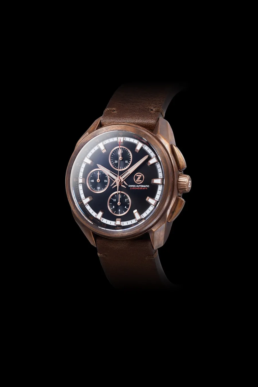 Zelos ZX-4 in bronze with black dial and subdials (Zelos's photo shows the Swiss Automatic dial, not the Mechaquartz)