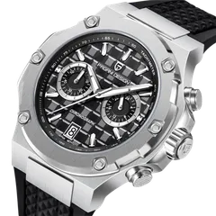 Pagani Design PD-YS032 three-quarter view with steel case and bezel, black dial and black rubber strap