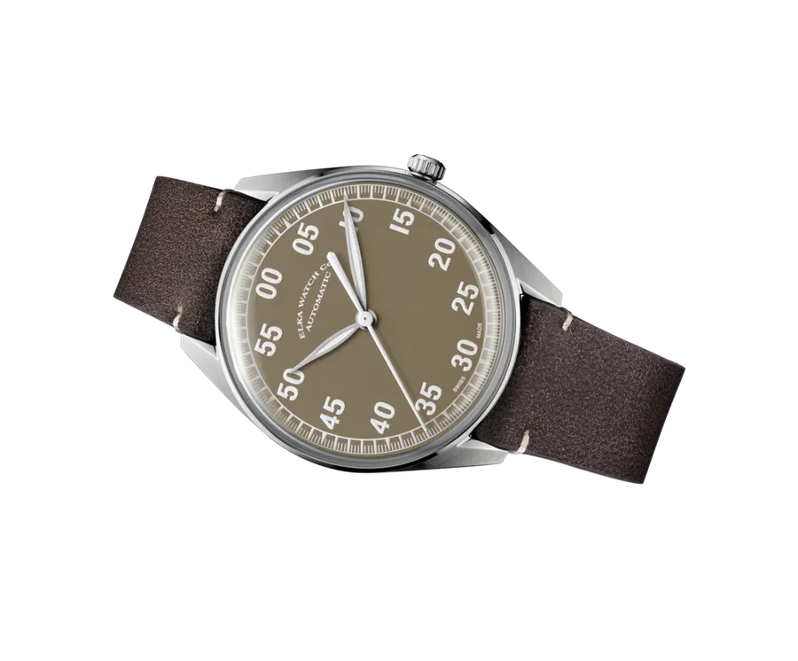 ELKA X15w-0802, khaki green dial with white lumed numerals and no date, on brown cut-edge leather