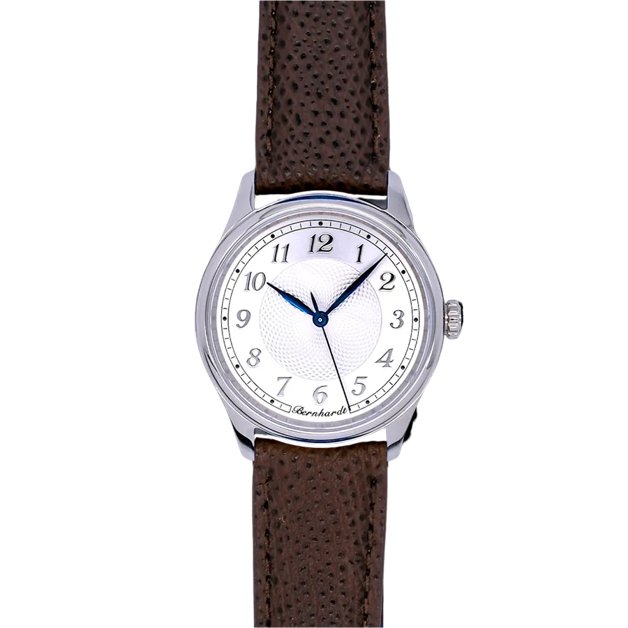 Bernhardt Captain Fog, silver guilloché dial with blued hands, on brown leather strap