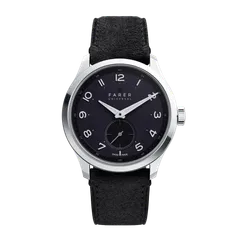 Farer Lissom Solander, dark grey textured dial with black sub-seconds, on black suede leather strap